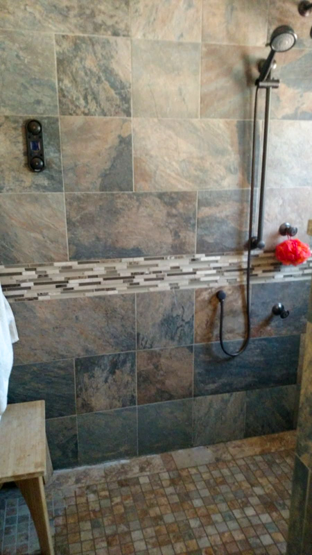 Slate tile walk-in shower in Hayden, Idaho