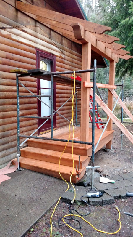 Log cabin porch and railing build in Rathdrum, Idaho