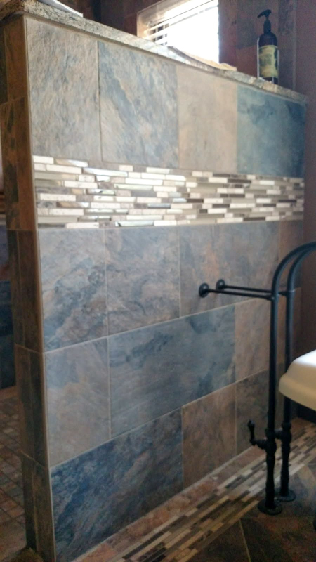 Blue slate tile shower wall in Rathdrum, Idaho