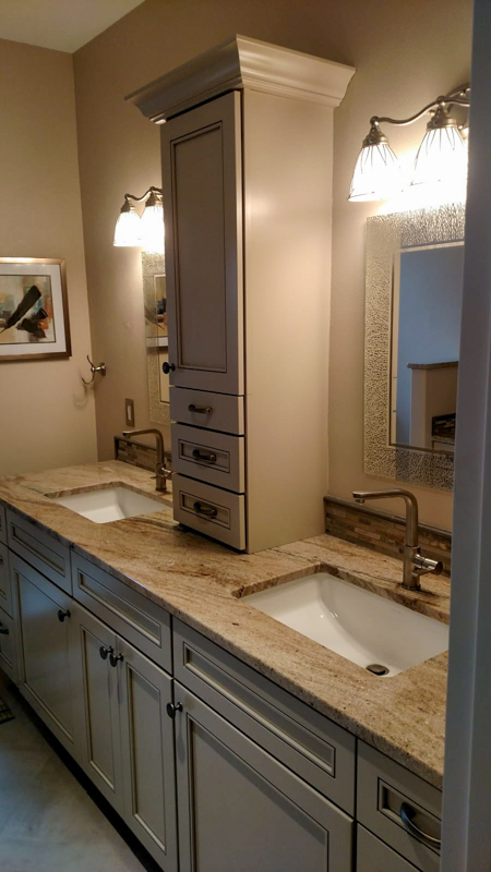 Double-vanity bathroom remodel with granite counters in Hayden, Idaho
